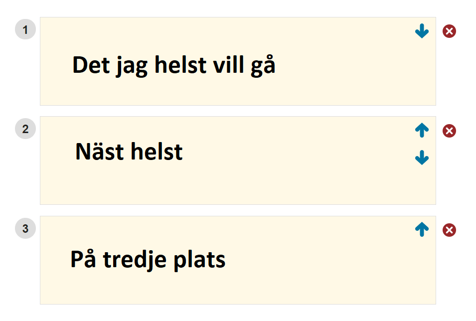 Lista med texten: 1. Det jag helst vill gå. 2. Näst helst. 3. På tredje plats.